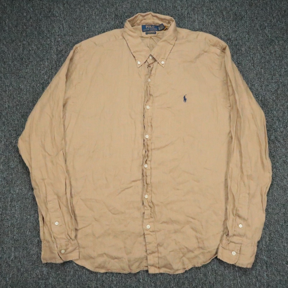 Polo Ralph Lauren Shirt Mens XL Khaki Linen Long Sleeve Button Down Untucked Fit